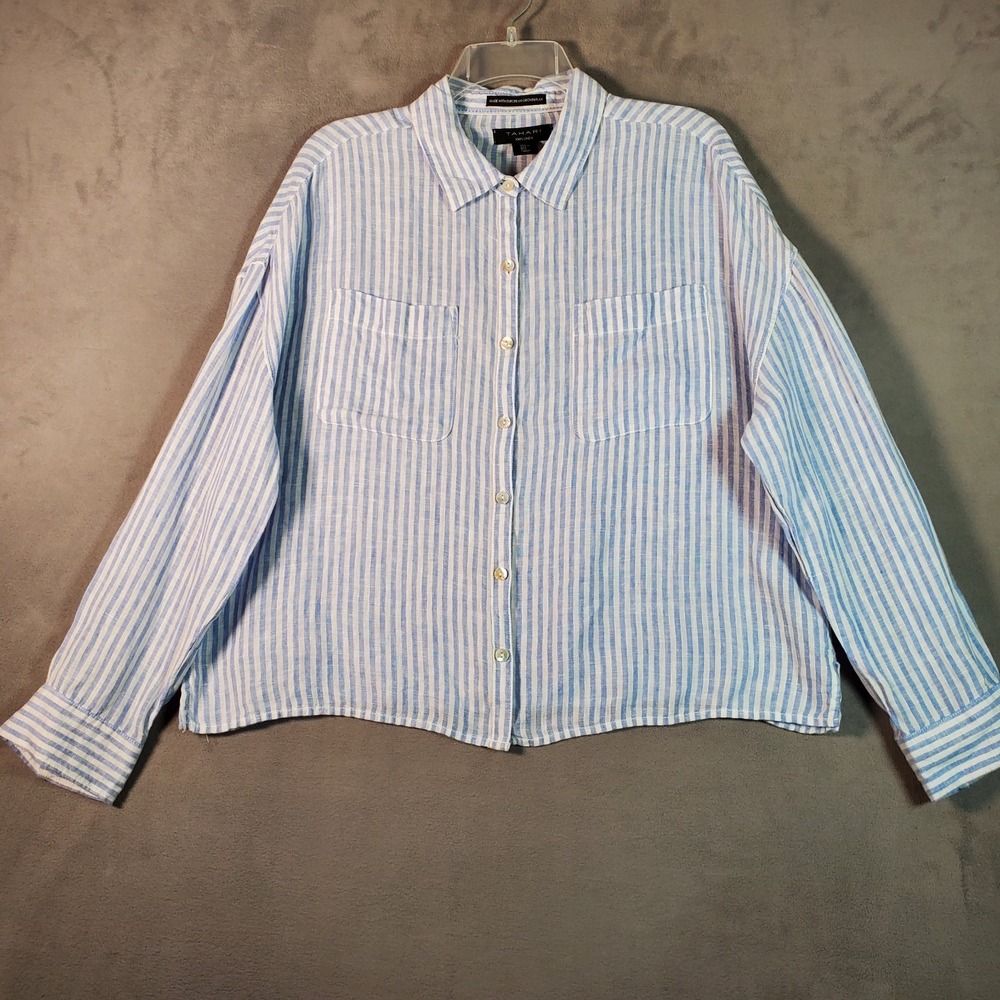 Tahari Top Womens L Blue White Stripe Linen Button Lagenlook Minimal Coastal